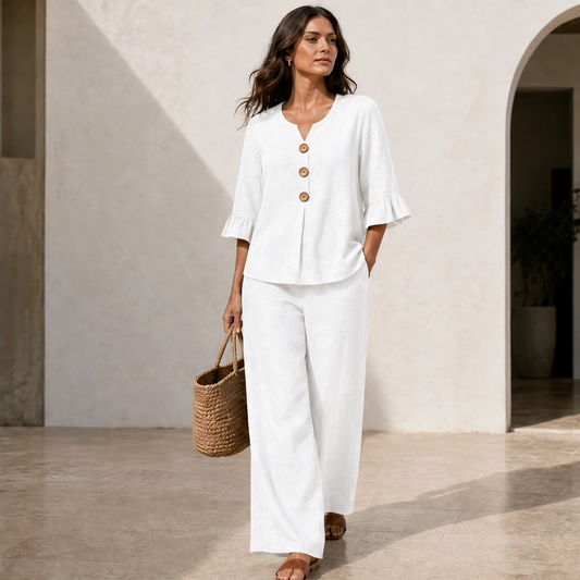 Linvelle – Ruffle-Sleeve Linen-Blend Wide-Leg Lounge Set + 50% OFF