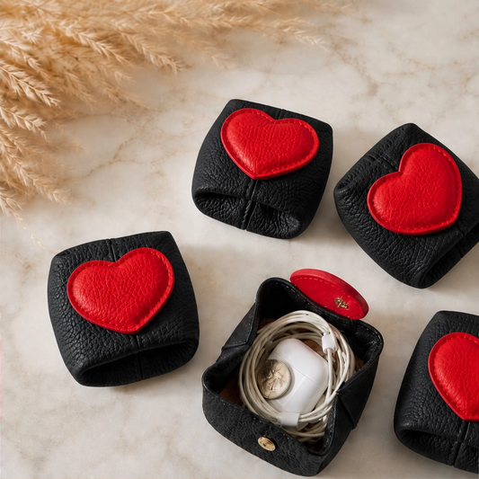 Pebble & Heart – Top-Grain Leather Squeeze-Top Mini Coin Pouch with Heart Detail + 1+1 FREE