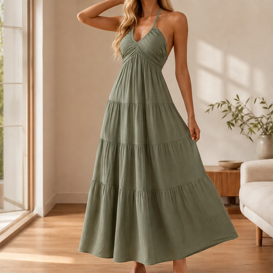 Sundara™ – Flowing Halter Backless Tiered Resort Maxi Dress + 50% OFF
