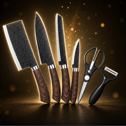 Emberforge – Hammered V-Edge 6-Piece Stainless Steel Kitchen Knife Set + 50% OFF