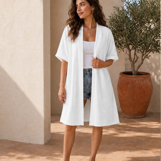 Solène – Lightweight Flowy Open-Front Short-Sleeve Cardigan + 50% OFF