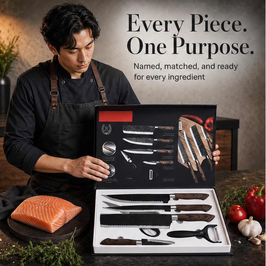 Emberforge – Hammered V-Edge 6-Piece Stainless Steel Kitchen Knife Set + 50% OFF