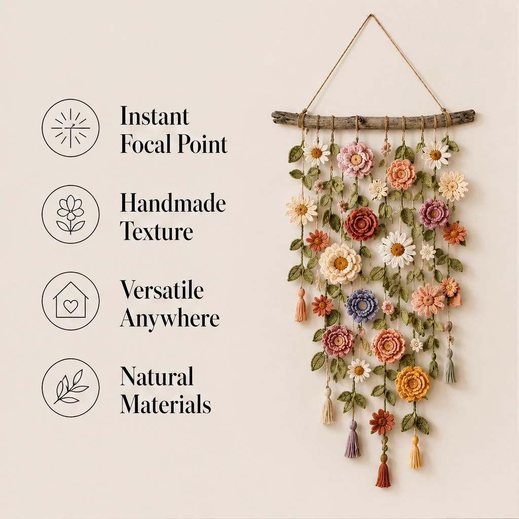 Bowerly – Handmade Crochet Flower Wall Hanging with Vines & Tassels + 50% OFF