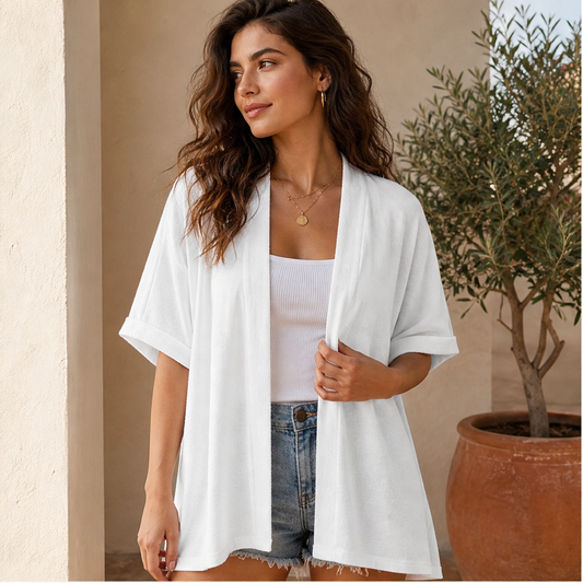 Solène – Lightweight Flowy Open-Front Short-Sleeve Cardigan + 50% OFF