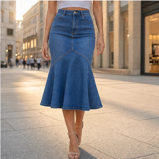 Vesperelle™ – High-Waist Flared Fishtail Denim Midi Skirt + 50% OFF