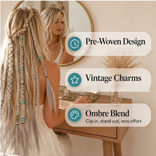 Solmane – Boho Pre-Braided Clip-In Hair Extensions with Beads, 20" (2 Pcs) +50% OFF