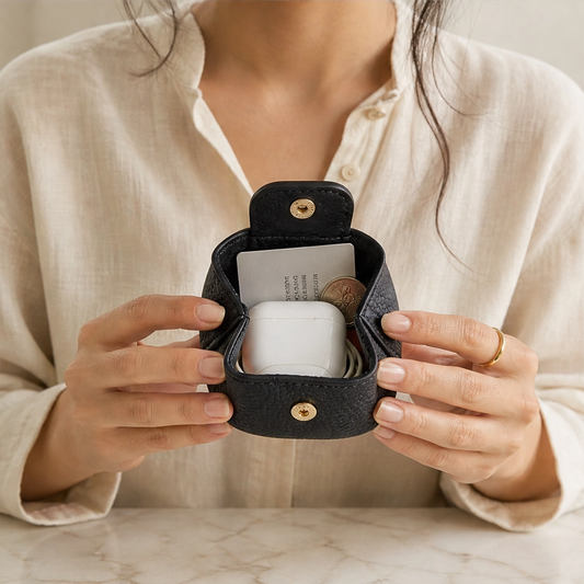 Pebble & Heart – Top-Grain Leather Squeeze-Top Mini Coin Pouch with Heart Detail + 1+1 FREE