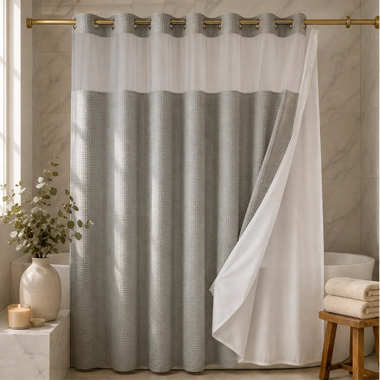 Weavecove – Hookless Waffle Weave Shower Curtain with Snap Buttons & Light-Through Top Panel + 50% OFF