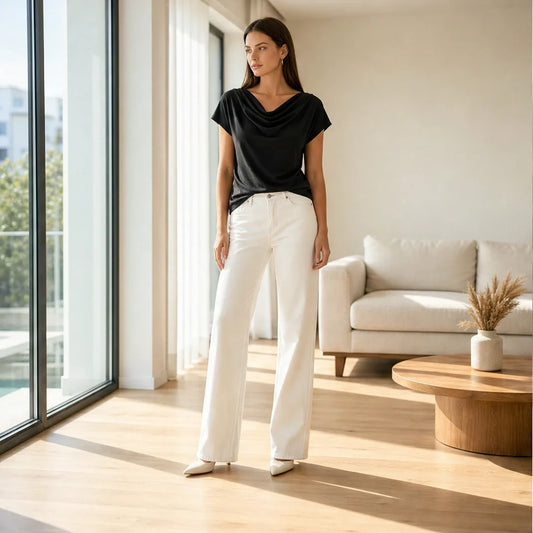 Drapelle™ – Cowl Neck Cap Sleeve Top with Twisted Hem + 50% OFF