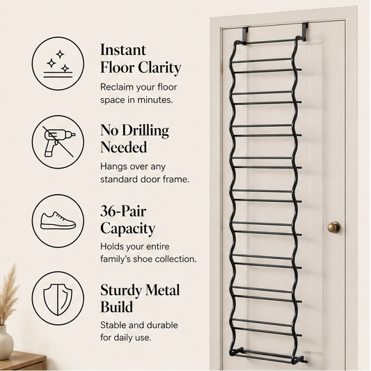 Stowvale – Angled-Shelf Over-the-Door Shoe Rack Organizer, Holds Up to 36 Pairs + 50% OFF