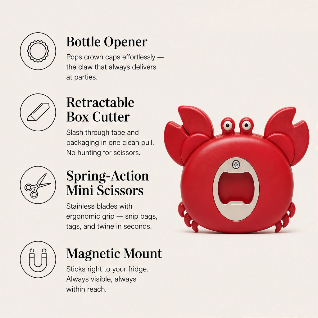Pinchet – 3-in-1 Magnetic Crab Bottle Opener, Box Cutter & Mini Scissors + 50% OFF