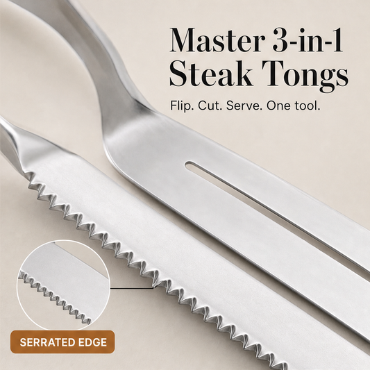 Forkwell – 3-in-1 Serrated Steak Tongs with Built-In Spatula + 50% OFF features
