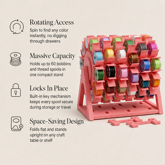Spoolwick – Rotating 60-Spool Locking Thread Organizer + 50% OFF features