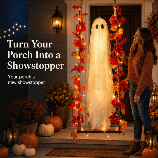 Maplewick – Light-Up Maple Leaf Ghost Swing Halloween Decoration + 50% OFF features