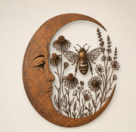 Moonpatina – Hand-Finished Crescent Moon & Bee Outdoor Wall Art + 50% OFF Rust