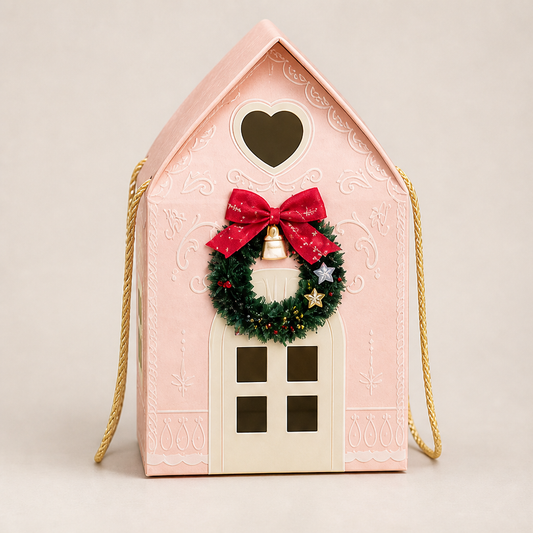 Winterbloom Cottage – Reusable Christmas House Gift Box with Wreath Detail + 1+1 FREE Pink