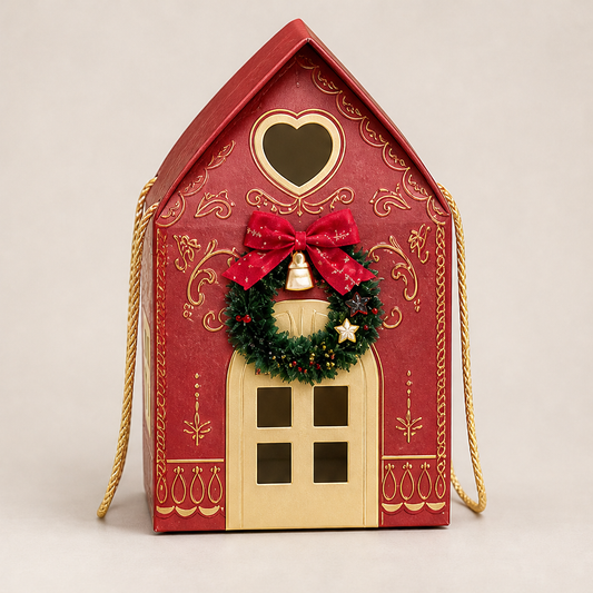 Winterbloom Cottage – Reusable Christmas House Gift Box with Wreath Detail + 1+1 FREE Red