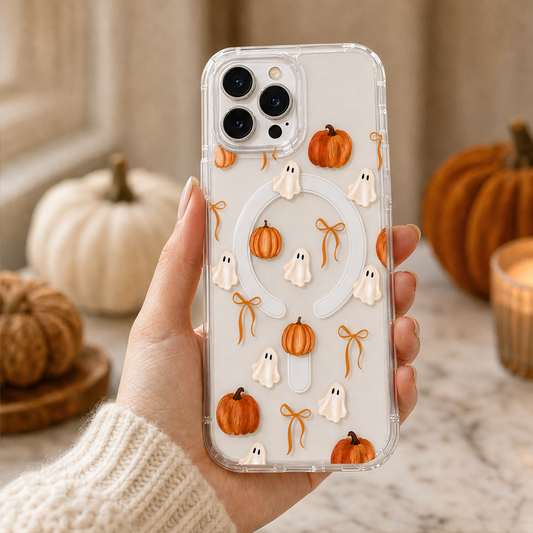 Ghostwick – Silk-Print Ghost & Pumpkin MagSafe Clear Phone Case + 50% OFF Clear