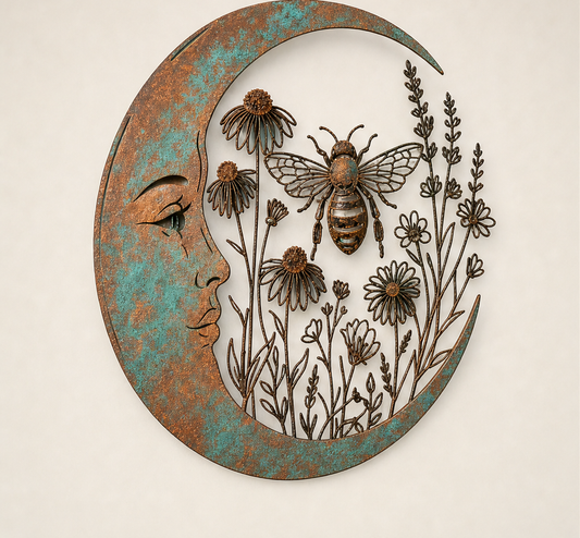 Moonpatina – Hand-Finished Crescent Moon & Bee Outdoor Wall Art + 50% OFF Rust Patina