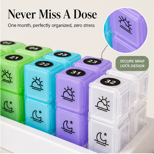 CarePod – Snap-Shut AM/PM Monthly Pill Organizer with Stickers features