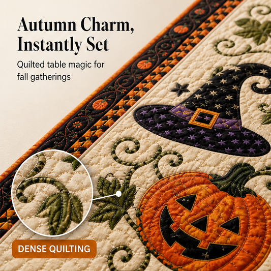 Harvestwick – Quilted Pumpkin & Witch Hat Autumn Table Runner + 50% OFF features