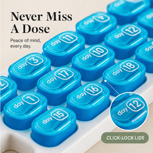 DoseWell – 31-Day Click-Lock Pill Box Organiser + 50% OFF features