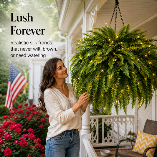 Fernglow – Pre-Lit Artificial Boston Fern with Warm LED Lights + 50% OFF features