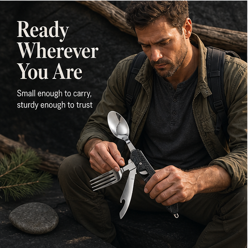 TrailFork – Compact 4-in-1 Stainless Steel Folding Utensil Set features
