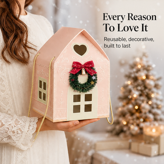 Winterbloom Cottage – Reusable Christmas House Gift Box with Wreath Detail + 1+1 FREE features