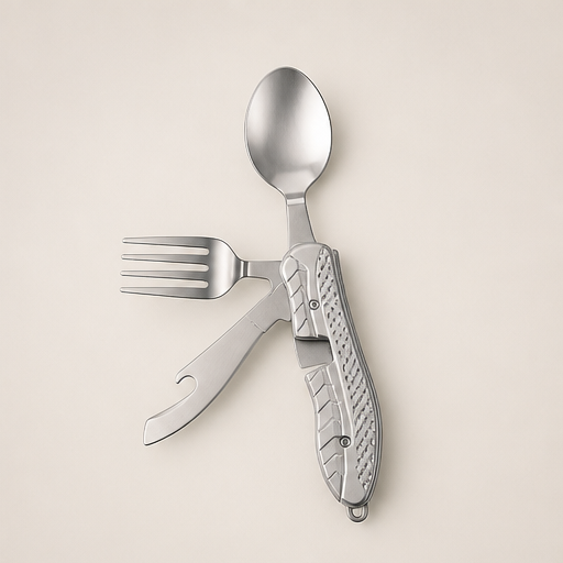 TrailFork – Compact 4-in-1 Stainless Steel Folding Utensil Set Silver