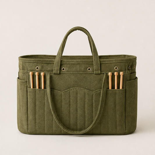 Woolcroft – Tangle-Free Canvas Yarn Storage Tote with Needle Pockets + 50% OFF Olive