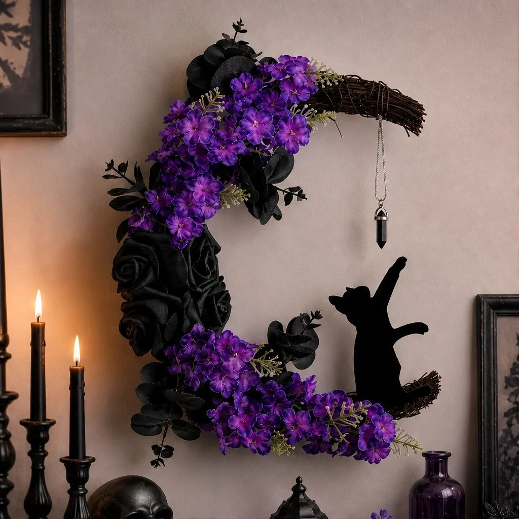 Briarmoon – Black Cat Crescent Moon Wreath with Purple Florals & Crystal Charm + 50% OFF