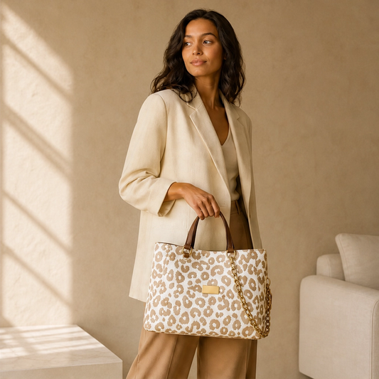 Fauvelle™ – Roomy Leopard-Print Tote Bag with Chain & Leather Straps + 50% OFF