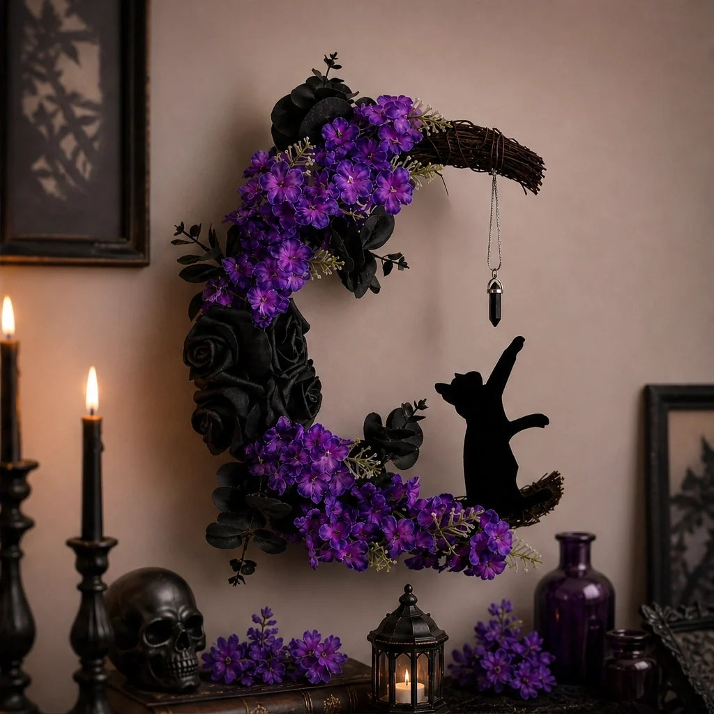 Briarmoon – Black Cat Crescent Moon Wreath with Purple Florals & Crystal Charm + 50% OFF