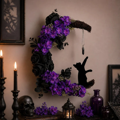 Briarmoon – Black Cat Crescent Moon Wreath with Purple Florals & Crystal Charm + 50% OFF