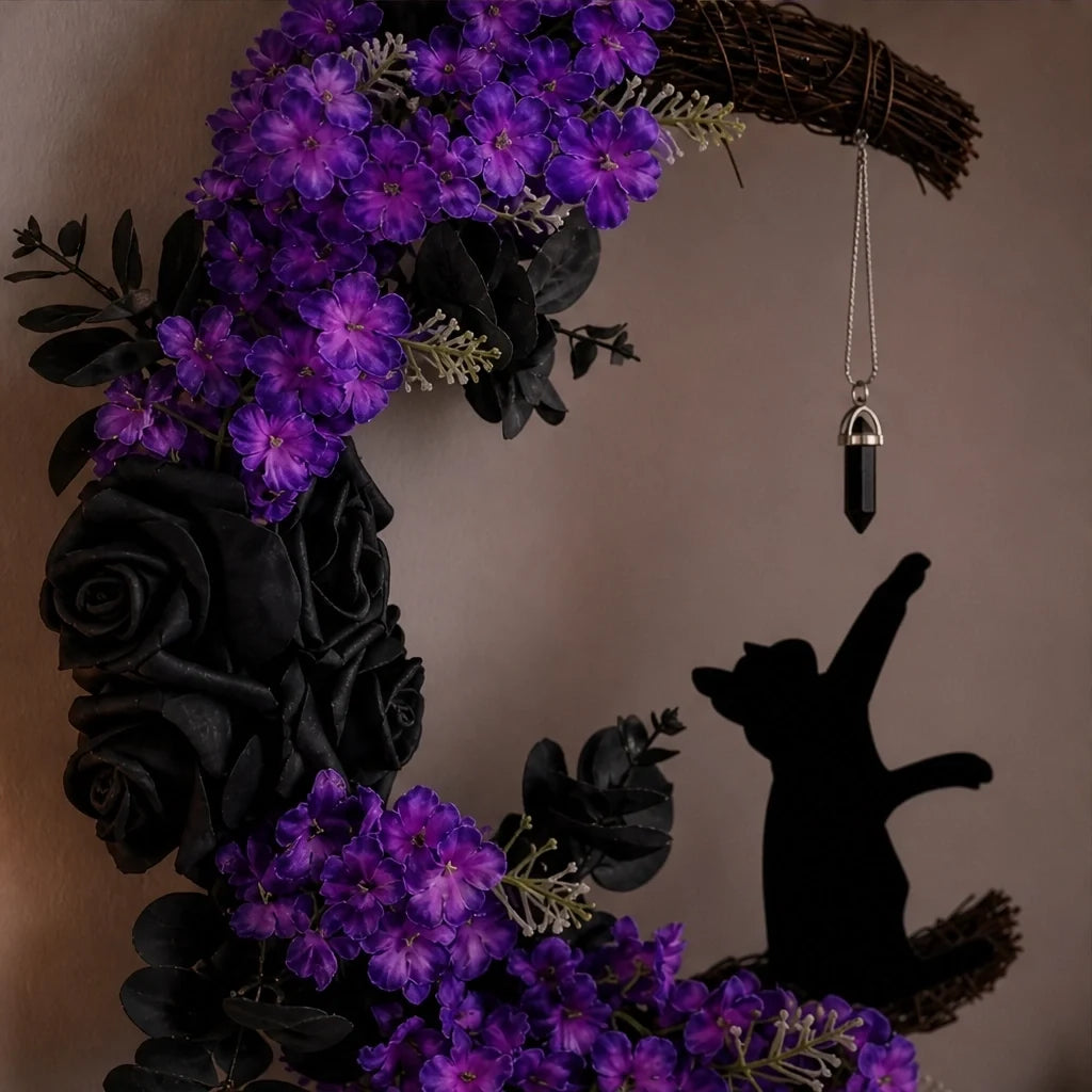 Briarmoon – Black Cat Crescent Moon Wreath with Purple Florals & Crystal Charm + 50% OFF