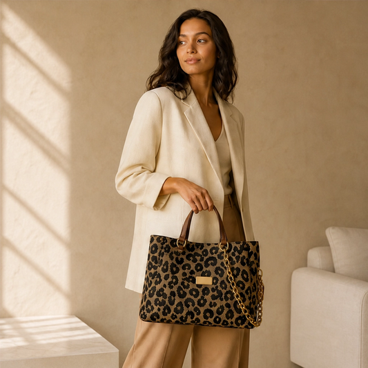 Fauvelle™ – Roomy Leopard-Print Tote Bag with Chain & Leather Straps + 50% OFF