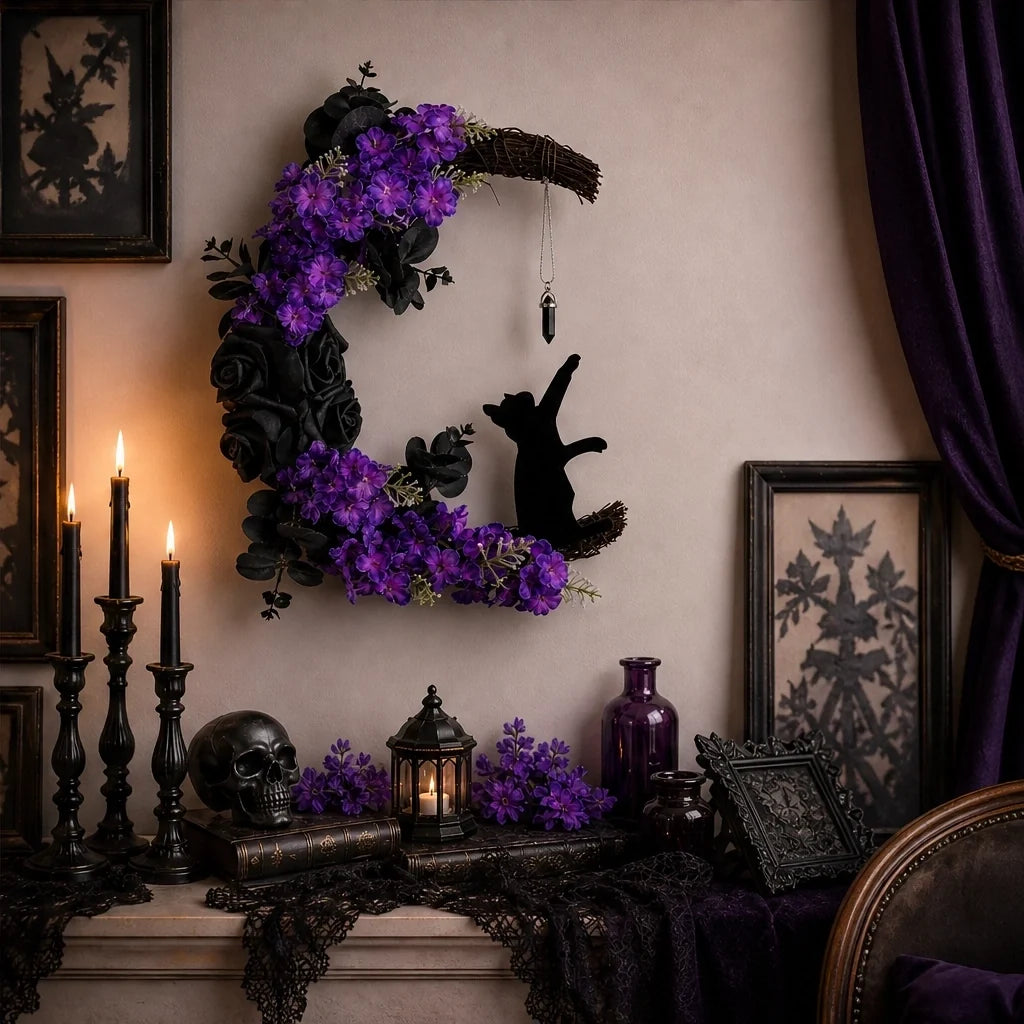 Briarmoon – Black Cat Crescent Moon Wreath with Purple Florals & Crystal Charm + 50% OFF