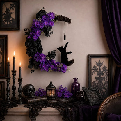 Briarmoon – Black Cat Crescent Moon Wreath with Purple Florals & Crystal Charm + 50% OFF