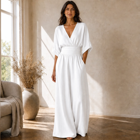 Calla – V-Neck Cinched-Waist Wide-Leg Jumpsuit + 50% OFF