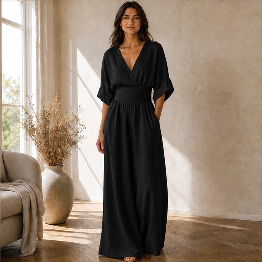 Calla – V-Neck Cinched-Waist Wide-Leg Jumpsuit + 50% OFF