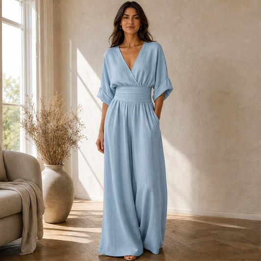 Calla – V-Neck Cinched-Waist Wide-Leg Jumpsuit + 50% OFF