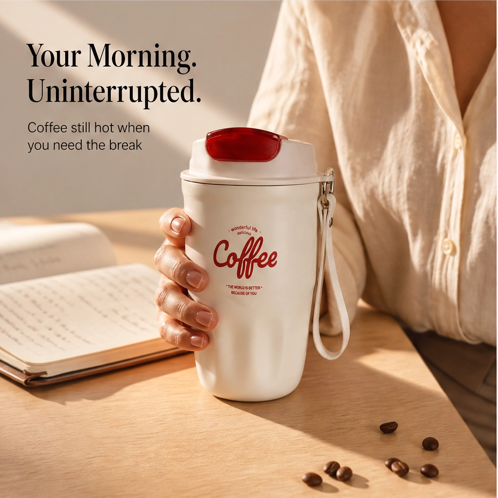 Emberly – Insulated Stainless Steel Coffee Mug with Leak-Lock Lid, Removable Grip & Wrist Strap + 50% OFF