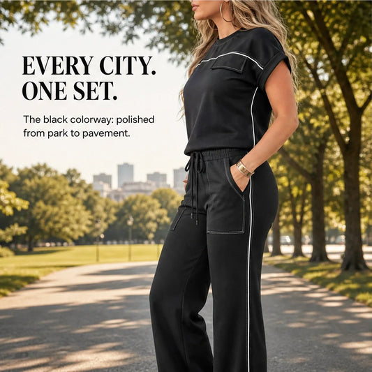 Sway™ – Contrast-Piping Wide-Leg Top & Pants Set + 50% OFF