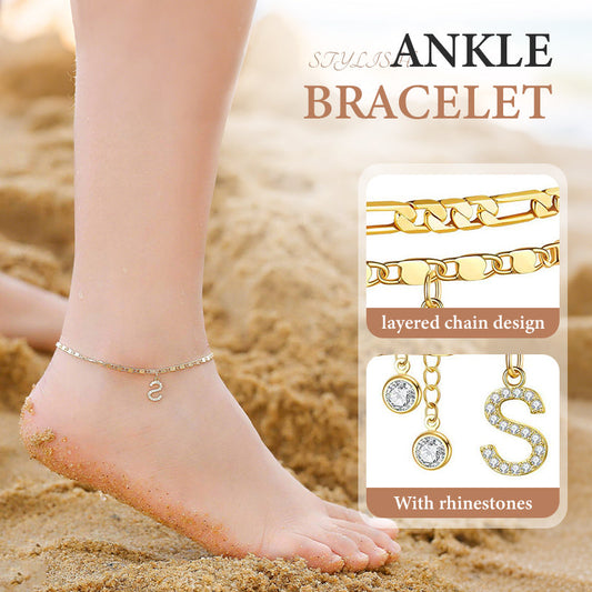 Avienne™ – Layered Gold Initial Anklet with Rhinestone Charm + 1+1 FREE