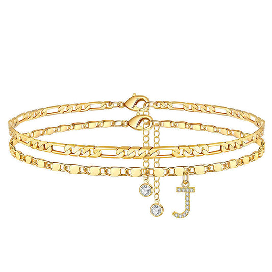 Avienne™ – Layered Gold Initial Anklet with Rhinestone Charm + 1+1 FREE