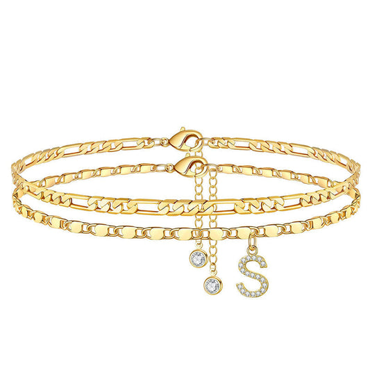 Avienne™ – Layered Gold Initial Anklet with Rhinestone Charm + 1+1 FREE