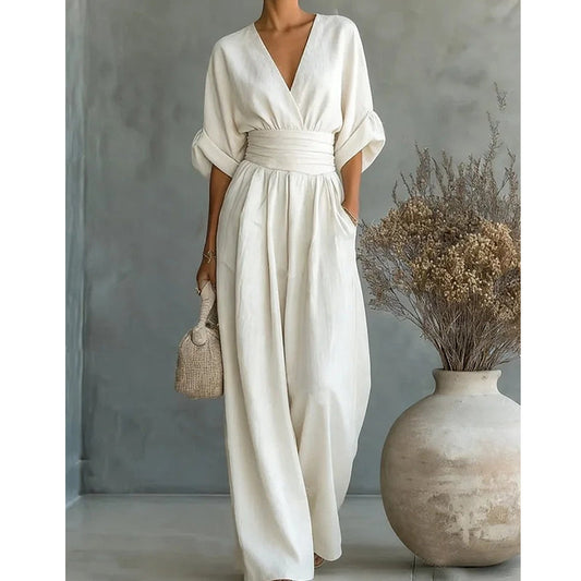 Linora™ – Flowy V-Neck Wide-Leg Jumpsuit with Cinched Waist Sash + 50% OFF