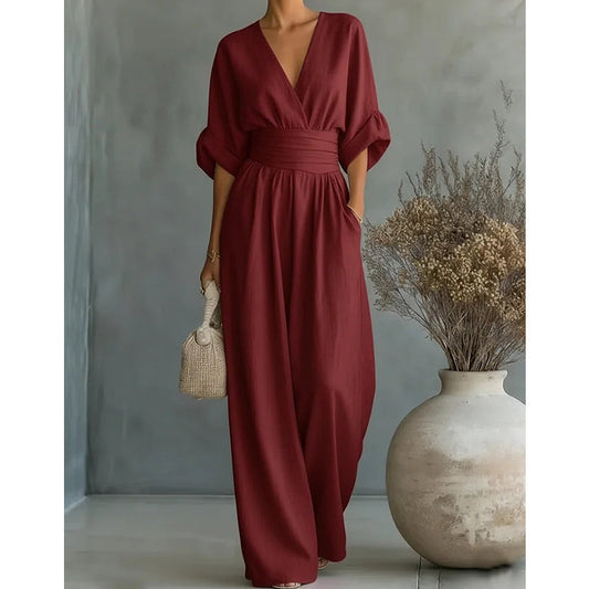 Linora™ – Flowy V-Neck Wide-Leg Jumpsuit with Cinched Waist Sash + 50% OFF