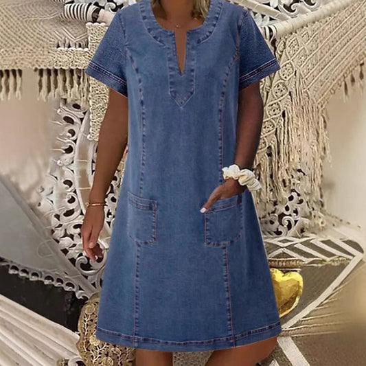Solène™ – Lightweight Breathable Denim V-Neck Dress with Pockets + 50% OFF